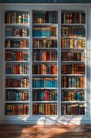 Elegant white built-in bookshelf filled with vintage leather-bound books in various colors, sunlight casting window shadows across hardwood floor, creating cozy library atmosphere.