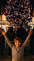 Happy young boy celebrating at Christmas market with colorful bokeh lights overhead creating magical holiday atmosphere for seasonal campaigns.