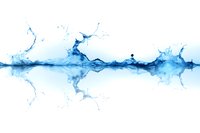 Dynamic blue water splash creating horizontal wave pattern against white background, frozen motion of liquid droplets and streams for fresh beverage advertising.
