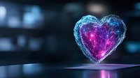 Glowing digital heart with network connections floating above surface in dark space, neon blue and pink colors create futuristic hologram effect.