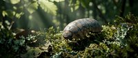 Turtle walking through lush green forest floor with dappled sunlight filtering through leaves creating peaceful natural wildlife scene.