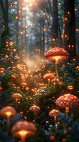 Glowing red mushrooms in mystical forest with magical light particles floating in misty atmosphere, creating enchanted woodland scene at dusk.