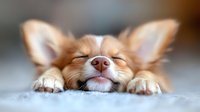 Sleeping Chihuahua puppy with closed eyes and relaxed expression lying on soft surface, showing pink nose and paws in gentle natural lighting, creating peaceful mood.