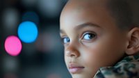 Young mixed race child with bright blue eyes gazing thoughtfully against blurred bokeh background in pink and blue tones, showing innocence and wonder.