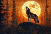 Wolf howling at full moon in autumn forest with orange sky and silhouetted pine trees creating dramatic wilderness scene for nature and wildlife designs.