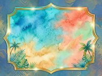 Watercolor tropical gradient background with palm leaves and gold ornate frame border, isolated on transparent background for design projects.