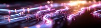 Musical notes glowing in neon pink and blue light trails creating dynamic flowing pattern against dark background, abstract panoramic composition.