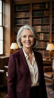 Professional mature Caucasian businesswoman with silver hair in burgundy blazer smiling confidently in elegant library office with wooden bookshelves and warm lighting.