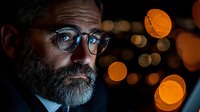 Mature bearded businessman wearing glasses in dramatic low key portrait with orange bokeh lights creating moody atmospheric background effect.