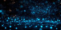 Glowing blue magical tree silhouette against dark background with floating luminous particles and bokeh lights creating ethereal nighttime atmosphere.