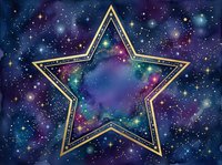 Golden star frame against cosmic nebula background with sparkling stars and colorful space dust for celestial designs and astronomy projects.