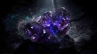 Purple amethyst crystal cluster with cosmic starry background for spiritual healing meditation and gemstone collection displays.