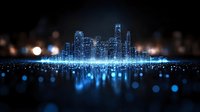 Futuristic city skyline glowing in blue neon light with digital particles and bokeh effects reflecting on dark surface, modern urban technology concept.