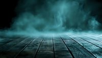 Dramatic wooden floor perspective with turquoise fog and smoke creating mysterious atmosphere. Dark moody background for product display or theatrical scene.