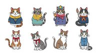 Cartoon cats wearing colorful clothes and accessories, isolated characters on white background suitable for children's designs, stickers, and apparel printing.