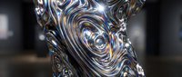 Liquid metal swirling in abstract patterns with reflective chrome finish, creating dynamic flowing waves and glossy surfaces for modern design projects.