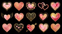 Watercolor and gold heart clipart set with 15 romantic designs, isolated on transparent background. Great for Valentine's Day stickers, t-shirt design, and print on demand.