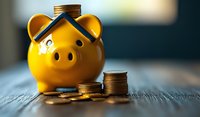 Yellow ceramic piggy bank with stacked coins on wooden surface against blurred background, representing savings, financial planning and money management.