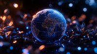 Glowing globe with illuminated city lights against dark background with bokeh effects and floating crystal leaves creates magical atmosphere for global concepts.