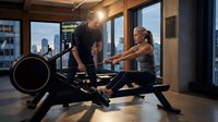 Athletic blonde woman exercising on rowing machine with male trainer in modern gym with city view windows during evening workout session.