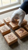 Gloved hand arranging wooden blocks engraved with business concepts like teamwork, strategic planning, and unity, symbolizing corporate strategy and leadership.
