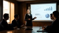 Professional businesswoman presenting financial data and charts to corporate team in modern conference room during strategic meeting.