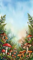 Watercolor forest floor scene with red and brown mushrooms, ferns, and foliage framing a misty woodland landscape. Suitable for children's book illustrations, nature-themed designs, and botanical artwork.