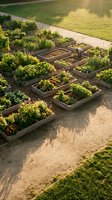 Aerial view of organized raised garden beds filled with vibrant vegetables and herbs, surrounded by sandy pathways and green lawn, ideal for gardening, agriculture, and sustainable living projects.