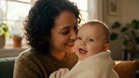 Happy mixed-race mother holding smiling baby in cozy home interior with warm natural lighting for family lifestyle and parenting content.