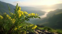 Yellow wildflowers on mountain slope at sunrise, green leaves and petals in foreground with misty valley and rolling hills in soft morning light background.