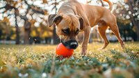 Playful boxer dog with orange ball in mouth on autumn grass in park, enjoying outdoor recreation during fall season.