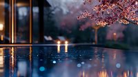 Tranquil infinity pool at dusk with cherry blossoms overhead, reflecting warm lights and creating atmospheric bokeh effect in luxurious outdoor setting.
