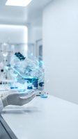 Scientist hand holding glowing digital brain hologram in modern laboratory for medical research and artificial intelligence technology development.