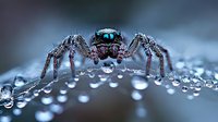 Macro close-up of jumping spider with bright blue eyes on water droplets surface. Detailed arachnid portrait showing natural predator behavior in wet environment.