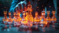 Glowing orange chess pieces on reflective surface with blue smoke effects and light particles, creating dramatic strategic game atmosphere.
