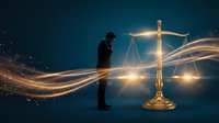 Businessman silhouette contemplating golden scales of justice with flowing light trails on dark blue background for legal and business concepts.