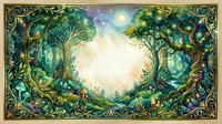 Enchanted forest clearing with ornate golden border frame, magical moonlight filtering through ancient trees, mystical woodland scene for fantasy storytelling.