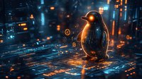 Glowing penguin silhouette on futuristic circuit board with binary code and digital elements in dark blue tech environment with orange light effects.