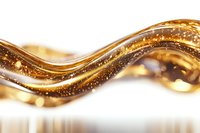 Luxurious golden wave with sparkling particles flowing in smooth curved motion against white background, creating elegant abstract design element.