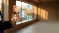 Businessman hand touching digital interface with glowing security icons and padlock symbols on glass screen, representing cybersecurity and data protection technology solutions.