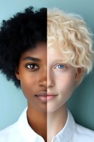Split portrait showing contrasting features of African and Caucasian women with different hair textures and eye colors against blue background, representing diversity.