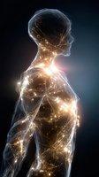 Glowing translucent human silhouette with illuminated neural network patterns inside body on dark background, representing artificial intelligence and consciousness.