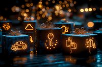Glowing gift boxes with illuminated icons of house, car, key and shopping bags against dark background with golden bokeh lights create magical holiday atmosphere.