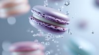 Purple macarons floating with water droplets and bubbles in dreamy soft focus background for culinary advertising and food photography projects.