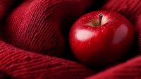 Fresh ripe red apple on burgundy knitted wool texture background, dramatic lighting creates cozy autumn mood for food photography and seasonal design.