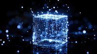 Glowing blue cube with sparkling particles and light effects against dark background, magical energy visualization for creative design projects.