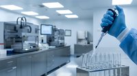 Laboratory technician in blue gloves using pipette for precise sample analysis in modern sterile research facility with advanced equipment and testing tubes.
