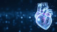 Digital holographic human heart with glowing neural networks and particles on dark blue background for medical technology presentations.