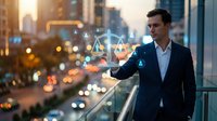 Professional businessman in suit interacting with digital justice scales hologram in modern city at sunset, representing legal technology and law firm services.