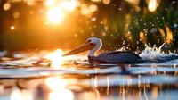 Pelican swimming in golden sunset water with splashing droplets and warm bokeh lights creating magical wildlife scene for nature photography and outdoor adventure content.